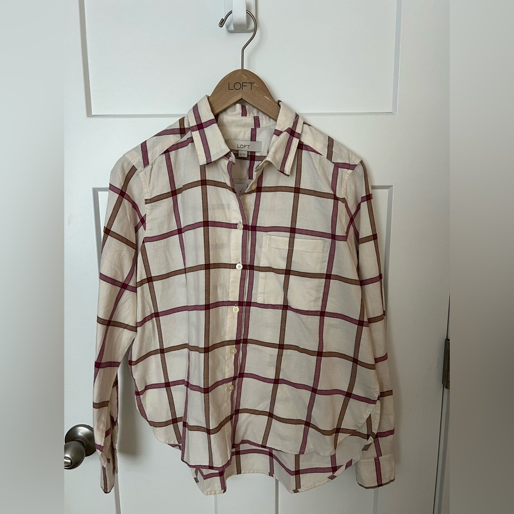 LOFT Cream and Burgundy Checkered Shirt